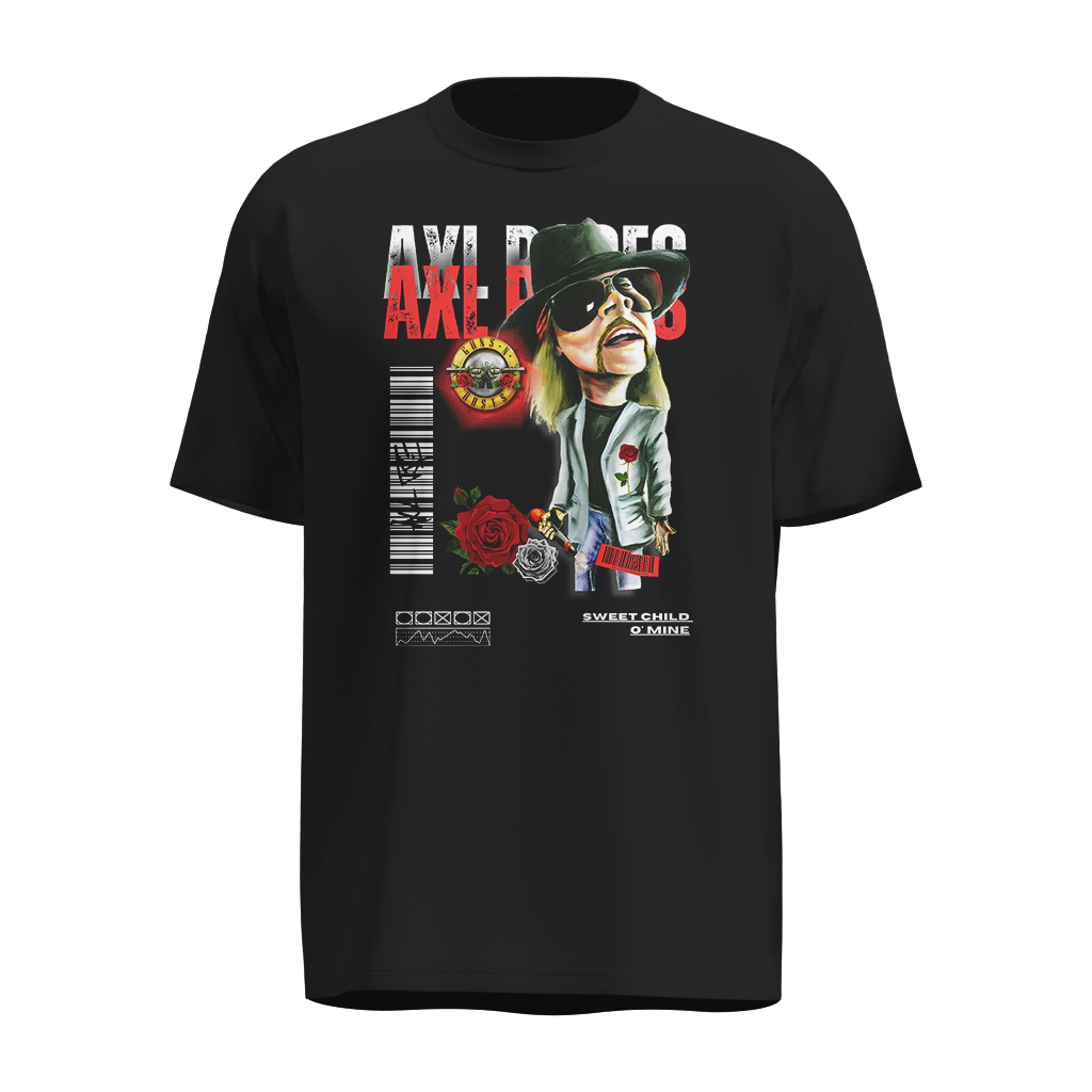 Playera Axl Rose Negra – Diseño Caricaturesco con Rosas y Sweet Child O’ Mine