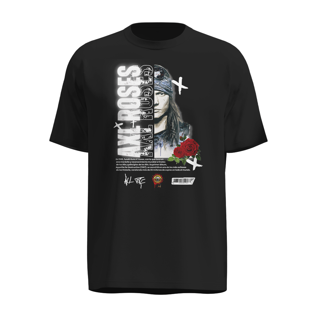 Playera Axl Rose Vintage Negra – Diseño Retro con Rosas Rojas y Texto Destacado