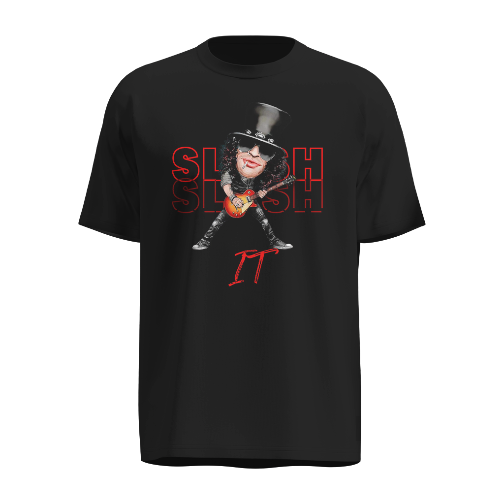 Playera Slash Negra para Hombre – Diseño Caricaturesco con Guitarra y Texto “Slash It”