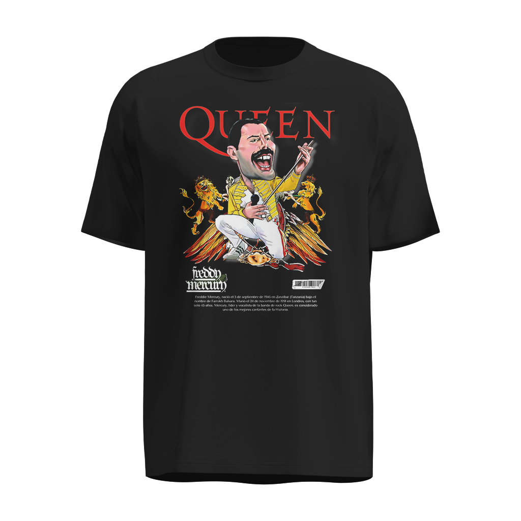 Playera Queen Freddy Mercury Negra – Estilo Vintage con Diseño Caricaturesco