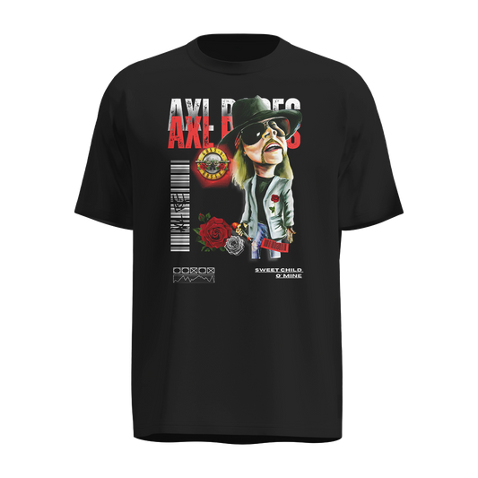 Playera Axl Rose Negra – Diseño Caricaturesco con Rosas y Sweet Child O’ Mine