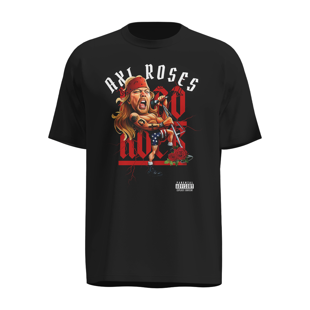 Playera Axl Rose Negra – Diseño Caricaturesco en Vivo con Bandera y Rosas