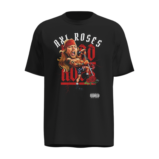 Playera Axl Rose Negra – Diseño Caricaturesco en Vivo con Bandera y Rosas