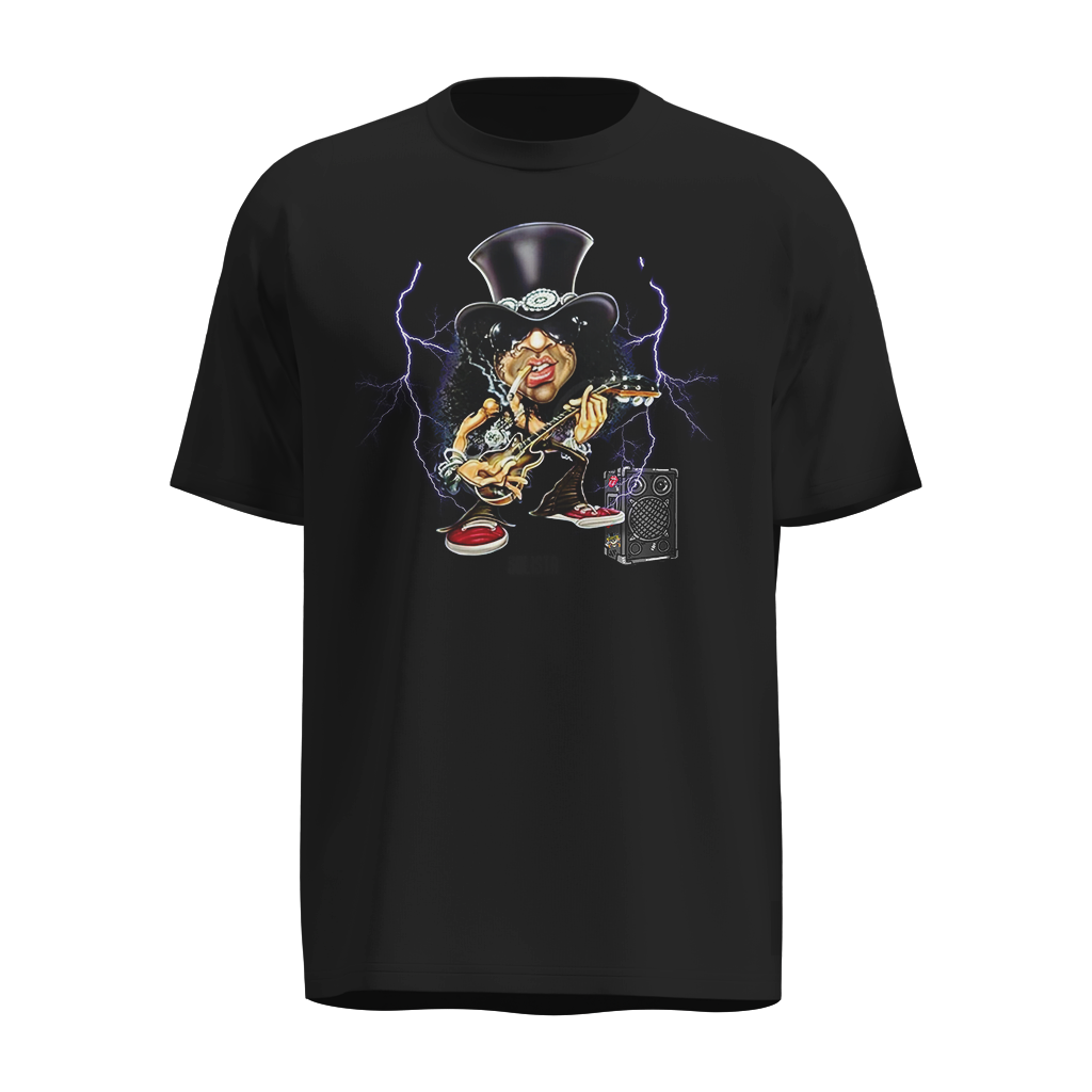Playera Slash Negra – Estilo Caricaturesco con Guitarra, Sombrero y Rayos