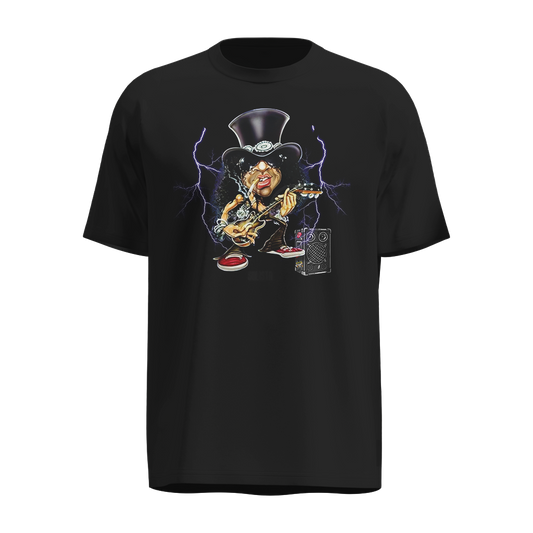Playera Slash Negra – Estilo Caricaturesco con Guitarra, Sombrero y Rayos