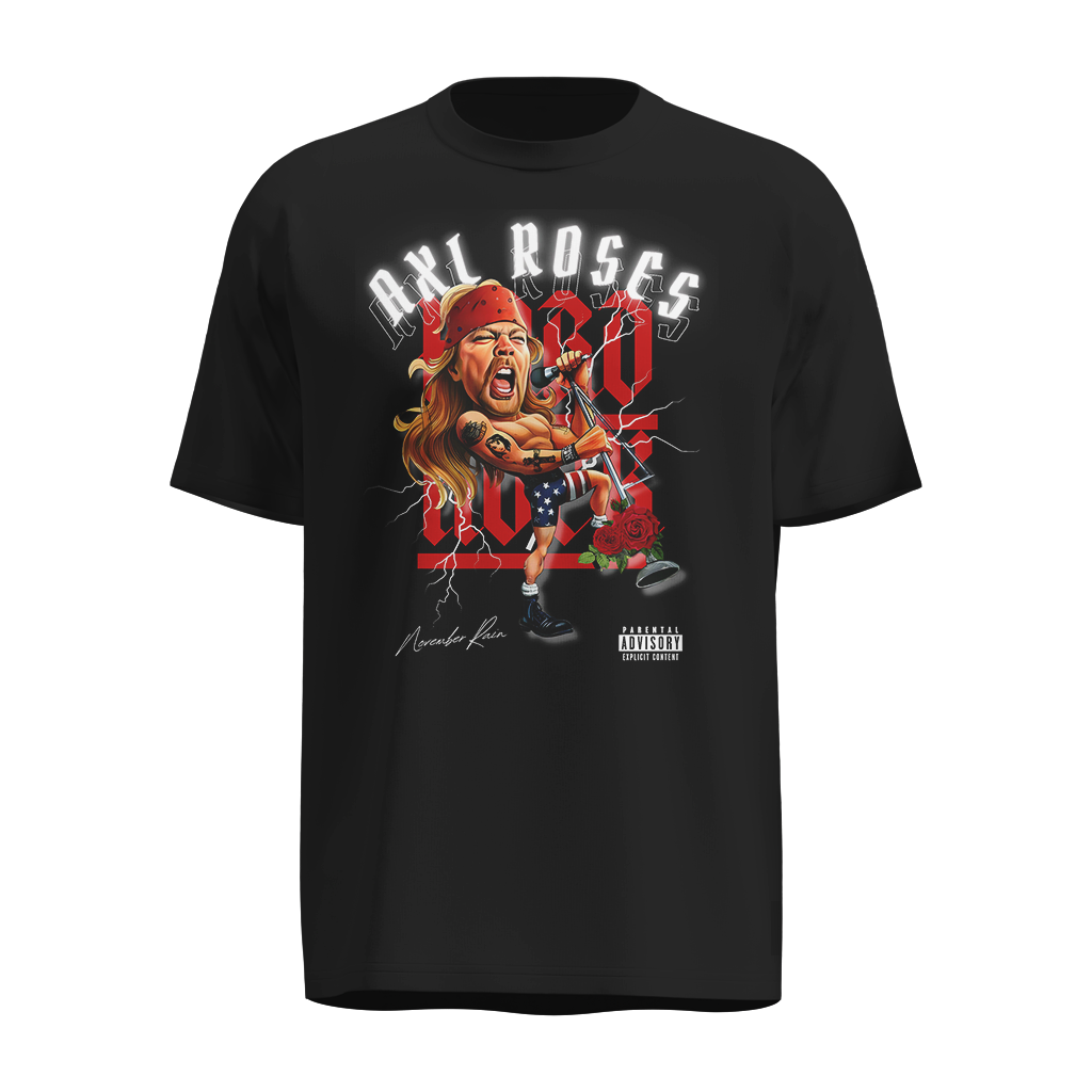 Playera Axl Rose Negra – Estilo Caricaturesco con Bandera y Rosas