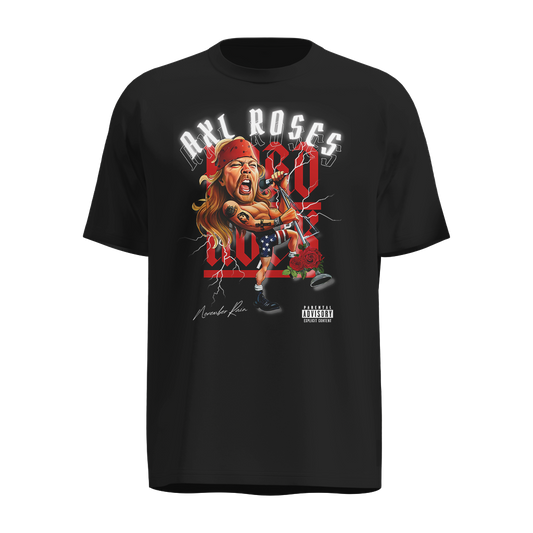 Playera Axl Rose Negra – Estilo Caricaturesco con Bandera y Rosas