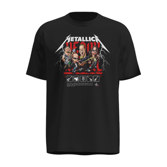 Playera Metallica Negra – Diseño Caricaturesco de Banda Completa con Iconografía de Rock