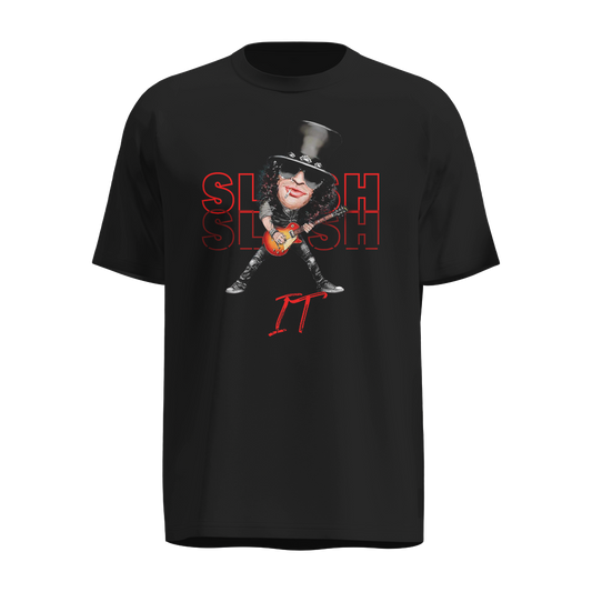 Playera Slash Negra para Hombre – Diseño Caricaturesco con Guitarra y Texto “Slash It”