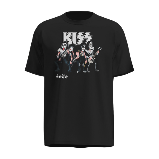 Playera KISS Negra para Hombre – Diseño Caricaturesco de Banda Completa