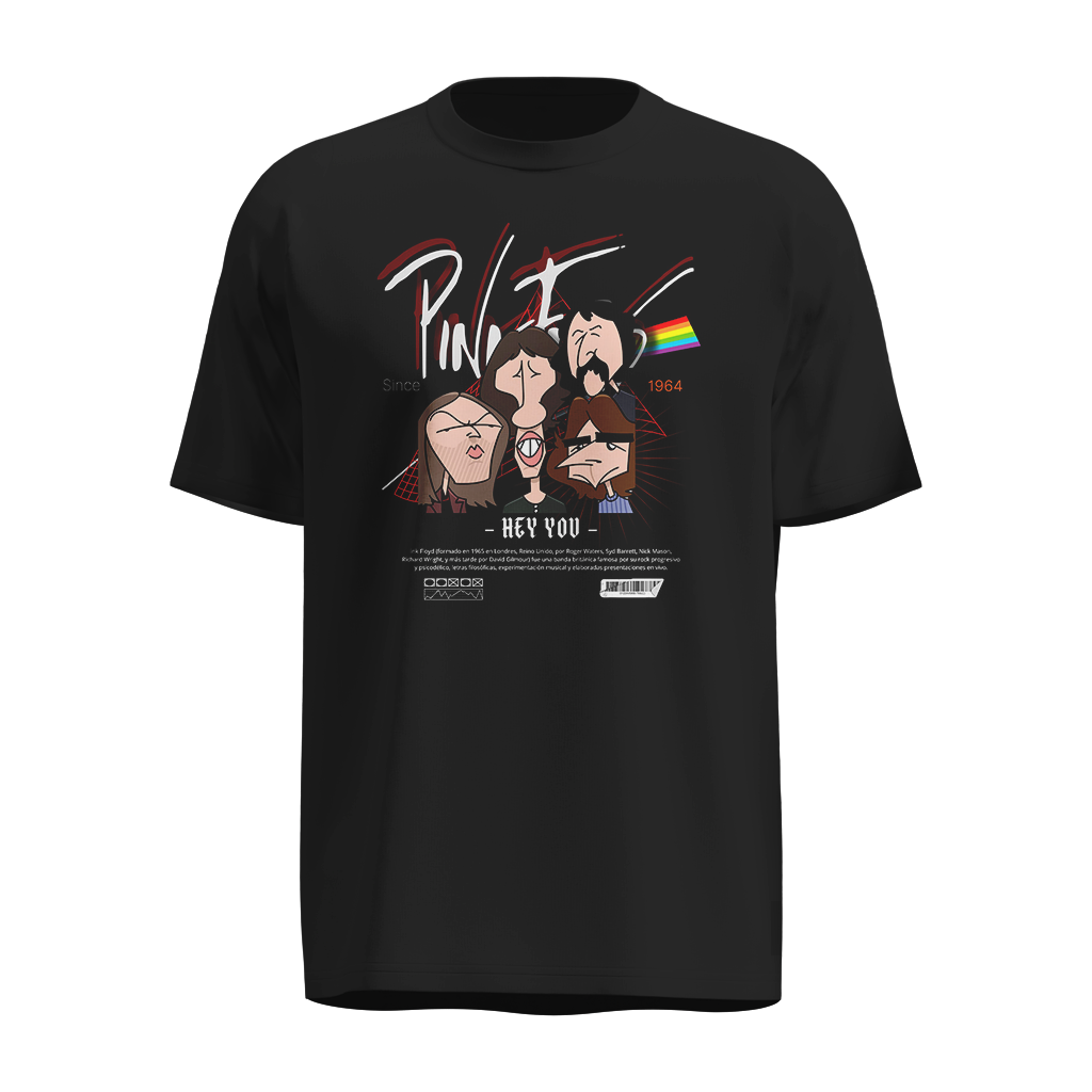 Playera Pink Floyd Negra – Diseño Caricaturesco Hey You con Prisma y Banda 1964