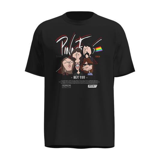 Playera Pink Floyd Negra – Diseño Caricaturesco Hey You con Prisma y Banda 1964